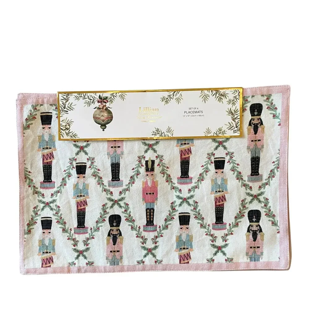Lillian August Christmas Placemats 4pc NUTCRACKER DRUMMER BOY Pink Border New